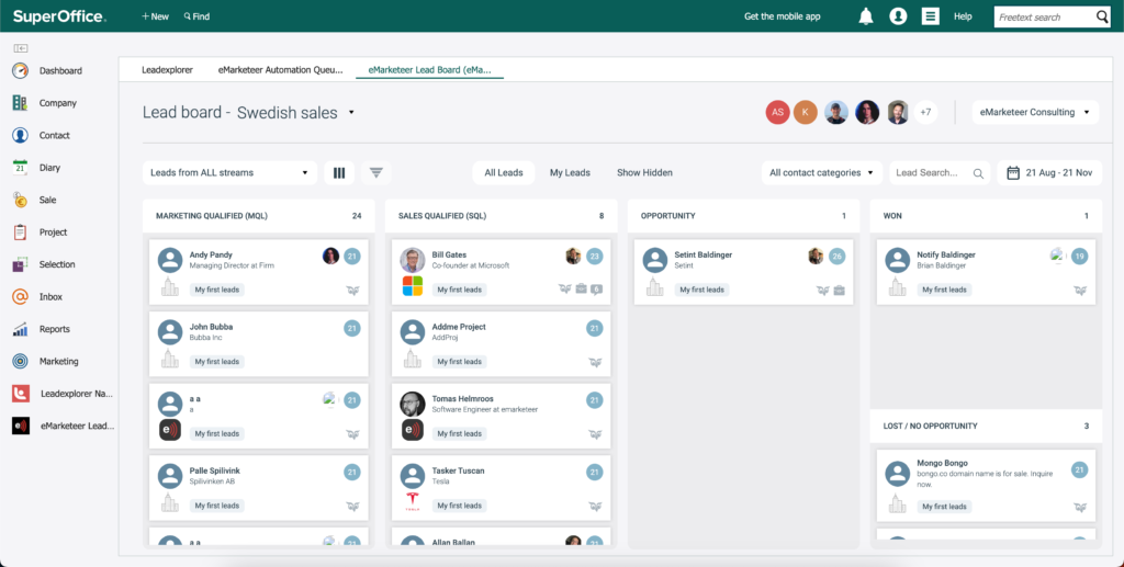 SuperOffice web panel showing the Lead Board