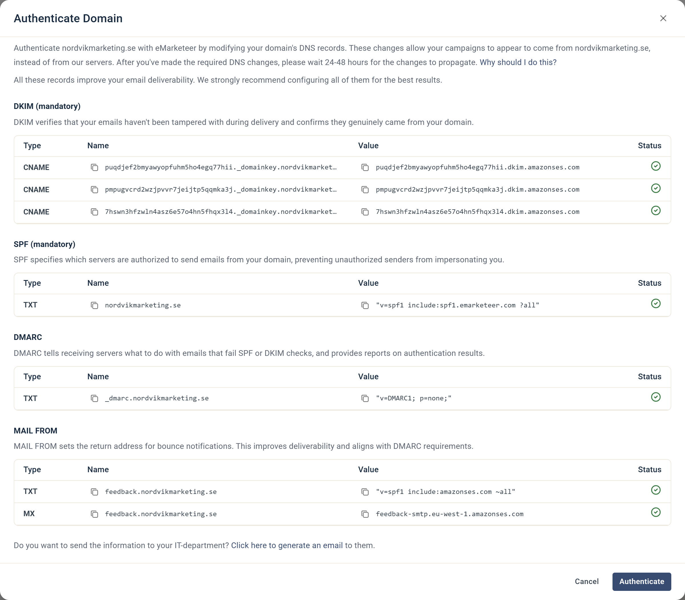 Authenticate Domain dialog with green check marks on all records