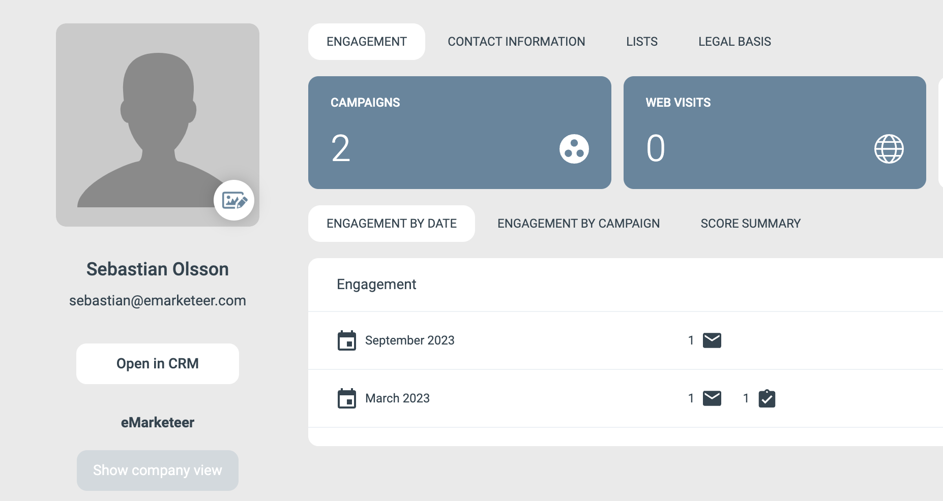 contact timeline showing engagement events