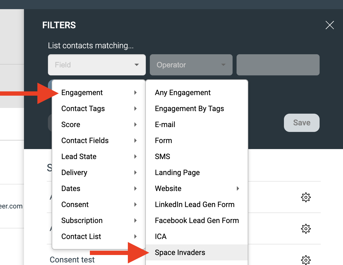 adapter name listed under Engagement in the filter