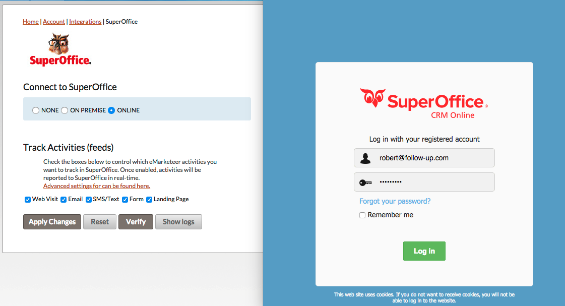 SuperOffice Online settings page in eMarketeer