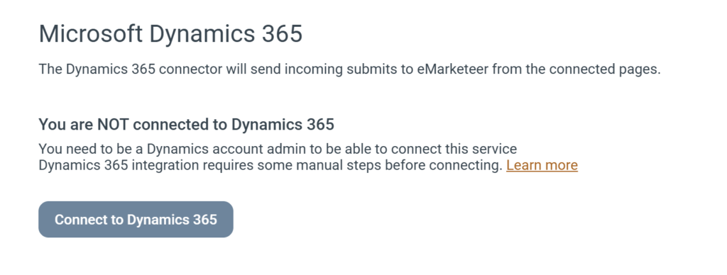 Microsoft Dynamics 365 integration page in eMarketeer with the Connect button