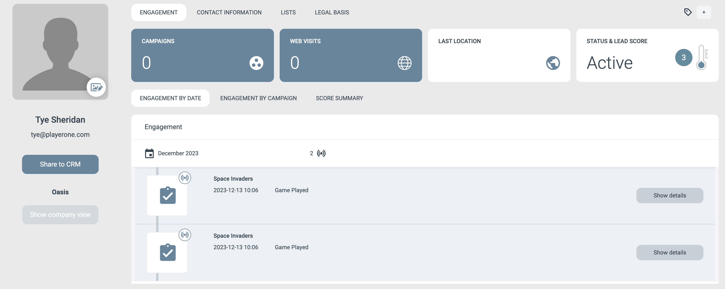 Space Invaders game played event on contact timeline