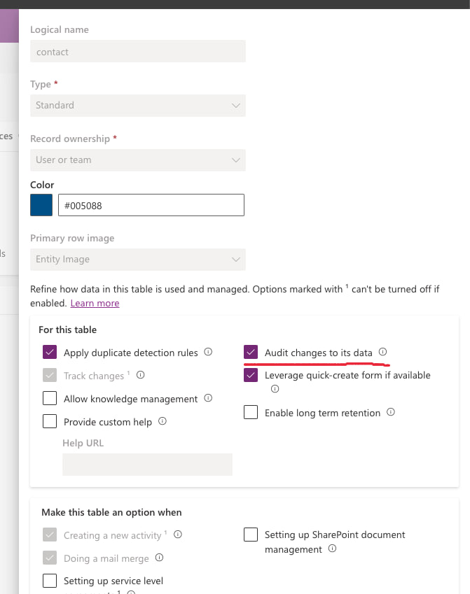 Advanced options for the Contact table with audit changes enabled