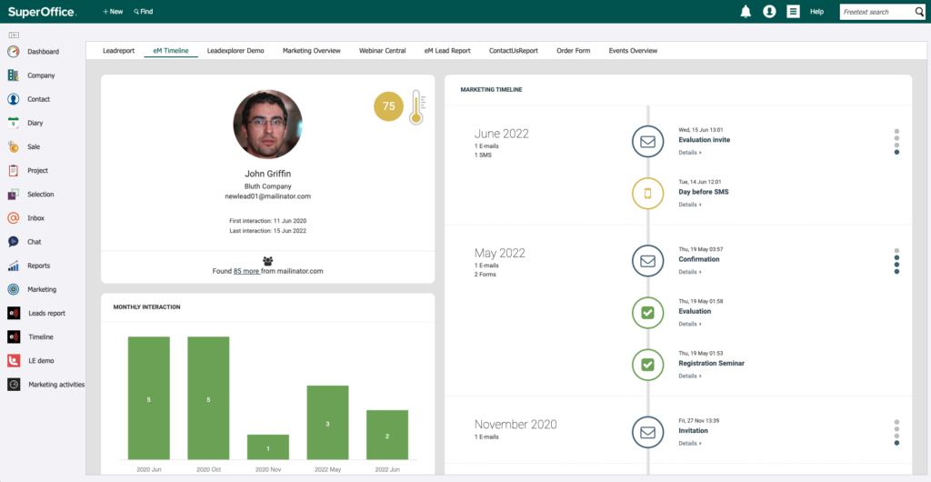 Timeline Report on a SuperOffice contact card